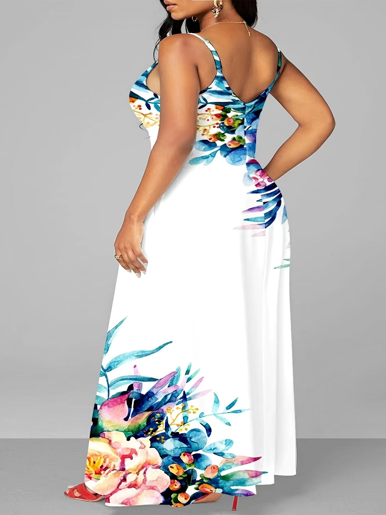 Plus Size Casual Dress; Women's Plus Floral Print Round Neck Medium Stretch Cami Maxi Dress With Pockets