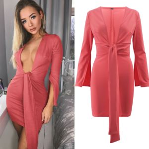 New women's dress sexy v-neck long sleeve Irregular dress