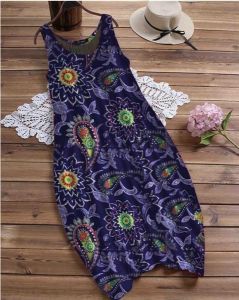 Summer Women's Casual Vacation Print Sexy Round Neck Sleeveless Dress Long Dress