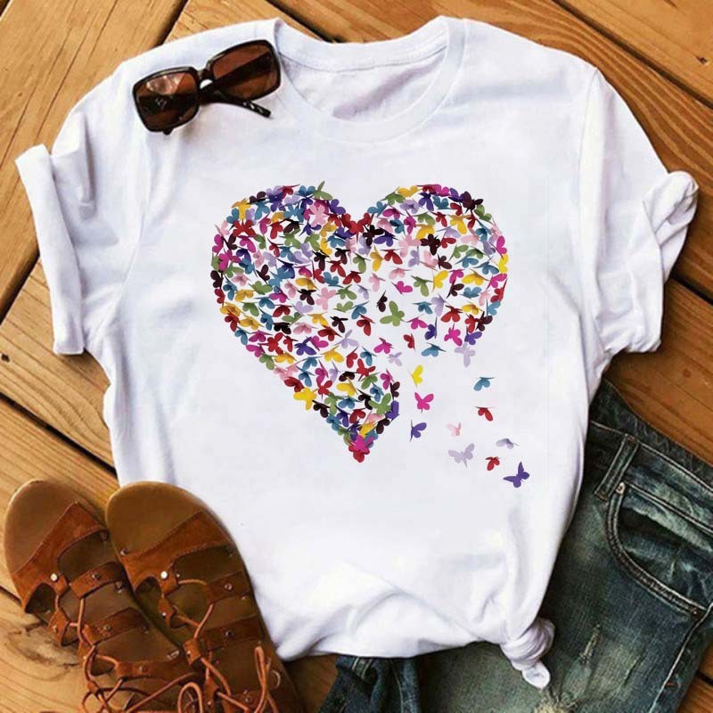 Watercolor Butterfly Heart Printed T Shirt New Women T-Shirt Harajuku Cute Graphic Tee Shirt Ladies Casual Female Tops Tee