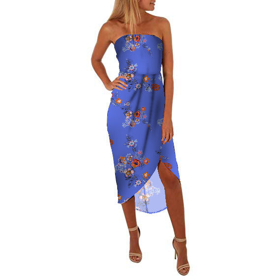 Women's Spring and Summer Sexy Wrapped Chest Print with Irregular Skirt Chiffon Dress