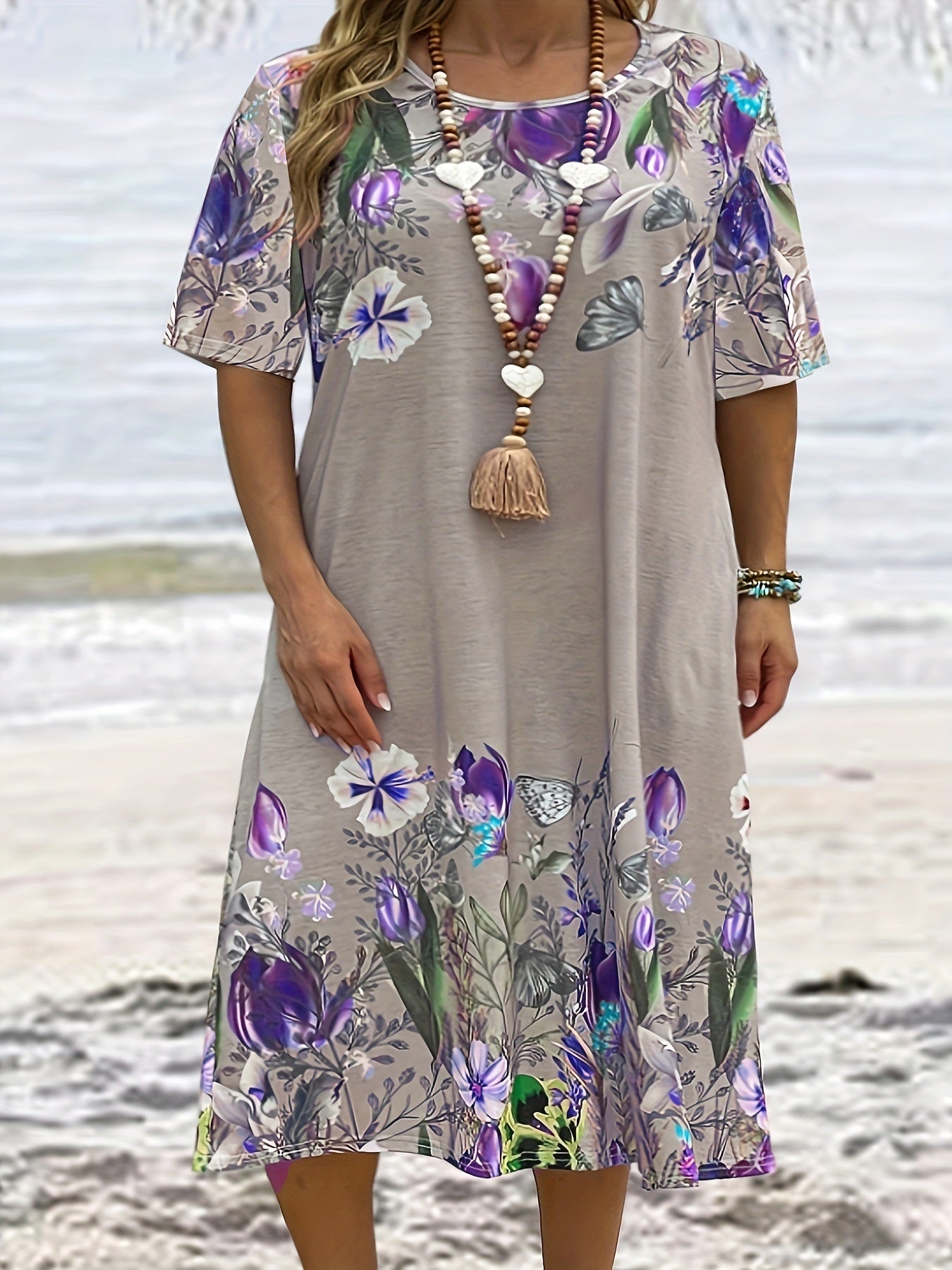 Plus Size Elegant Dress; Women's Plus Floral Print Round Neck Short Sleeve Midi Dress With Pockets