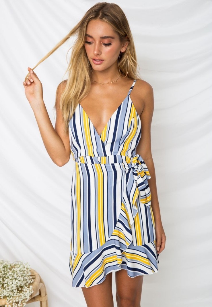 new women's number V-neck code printed striped strap dress