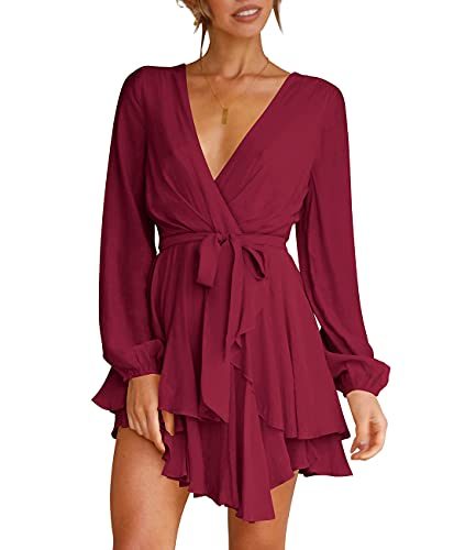 Women's Dress Deep V-Neck Long Sleeve Waist Tie Ruffle Mini Swing Skater Dresses