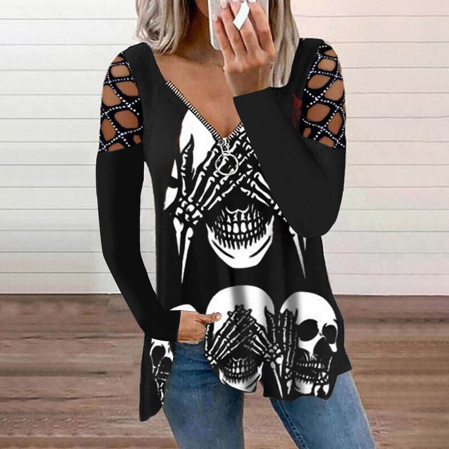 Fall/winter New Style V-neck Hot Drilling Long-sleeved Loose T-shirt Top Halloween