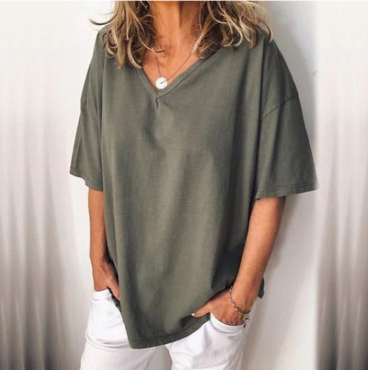 summer new European and American large size women's head casual loose V-neck T-shirt