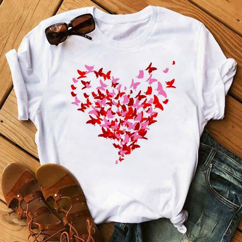 Watercolor Butterfly Heart Printed T Shirt New Women T--Shirt Harajuku Cute Graphic Tee Shirt Ladies Casual Female Tops Tee