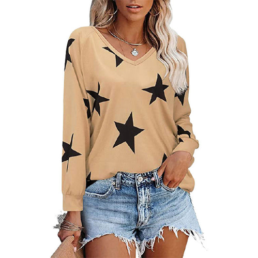 202 autumn and winter new women's tops fashion star printing V-neck long-sleeved t-shirt