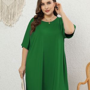 Plus Size Elegant Dress; Women's Plus Solid Round Neck Short Sleeve Knee Length Tee Dress