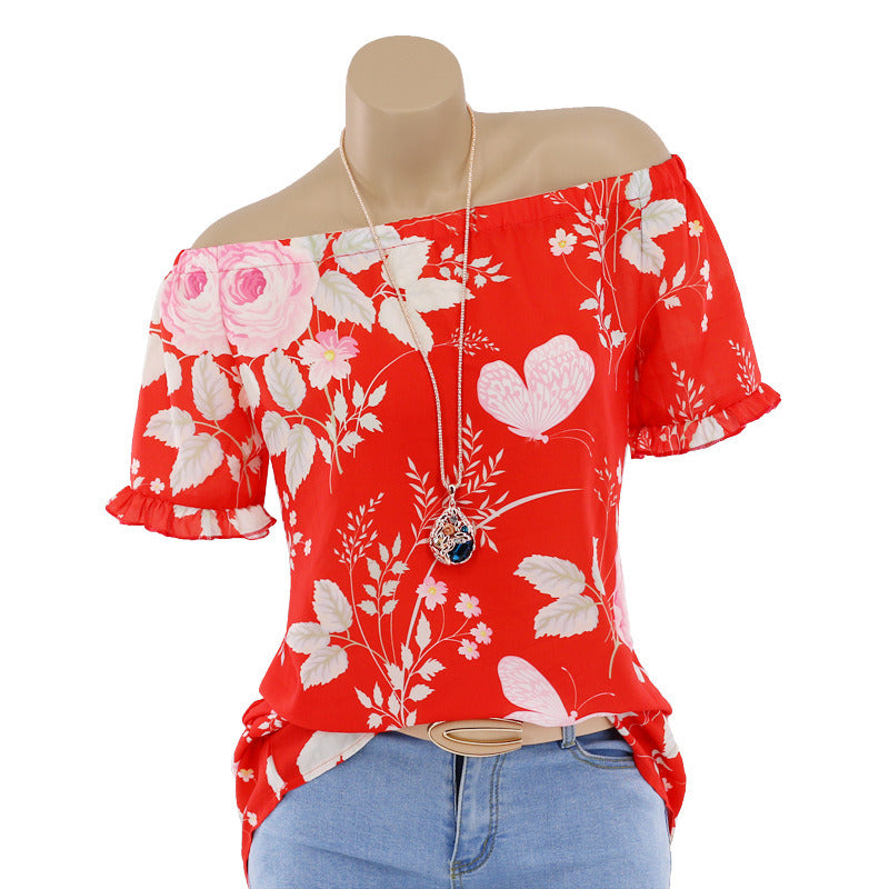 spring and summer new women's one-shoulder printed short-sleeved shirt