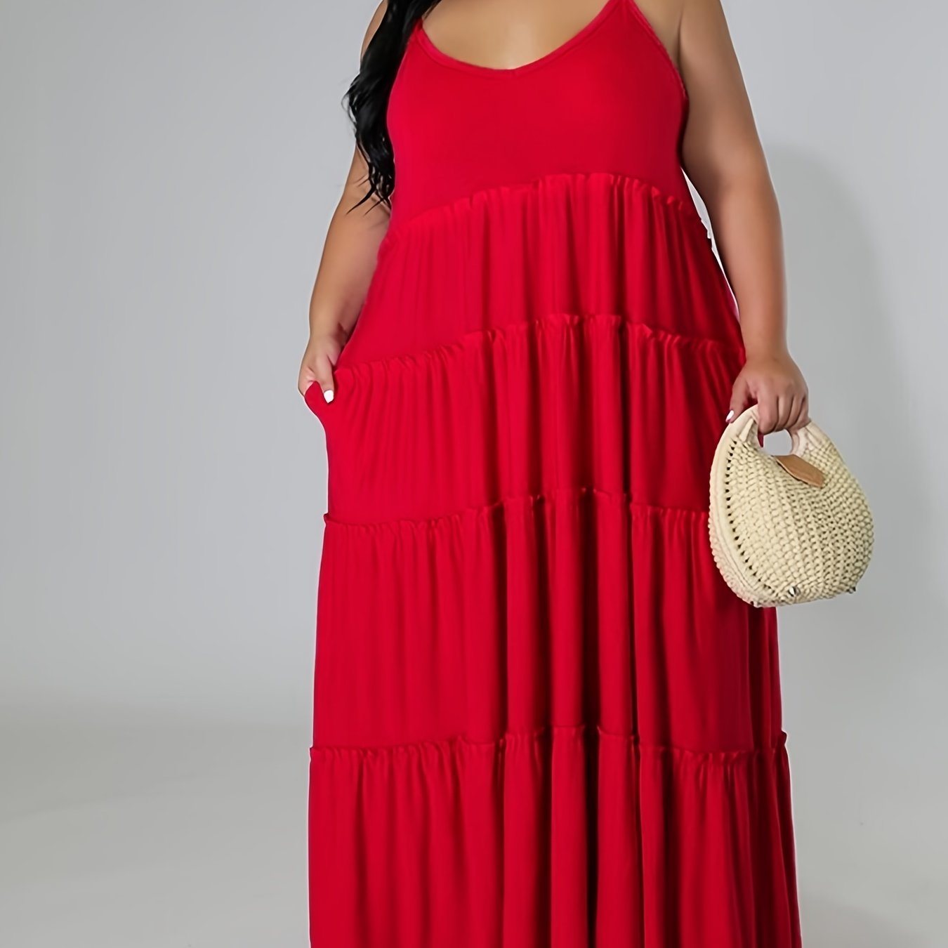 Plus Size Solid Layered Loose Fit Cami Maxi Dress; Women's Plus Sexy High Stretch Long Cami Dress