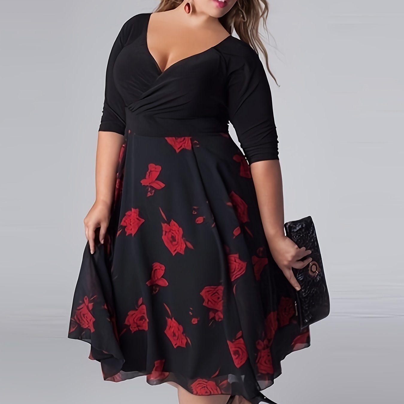 Plus Size Elegant Dress; Women's Plus Floral Print Half Sleeve Surplice Neck Contrast Mesh Dress