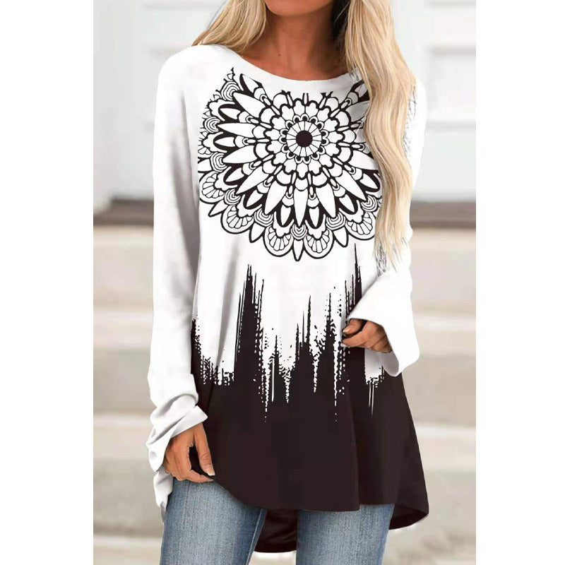 Women's Printed Round Neck Long Sleeve Loose T-Shirt Women's Top