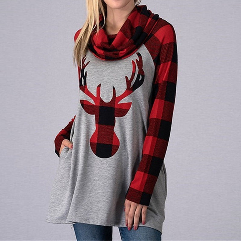 Christmas Ladies Women's Stitching Color Sweater Pullover Elk Print Long Sleeves Christams Clothes Loose Hoodie Sweater