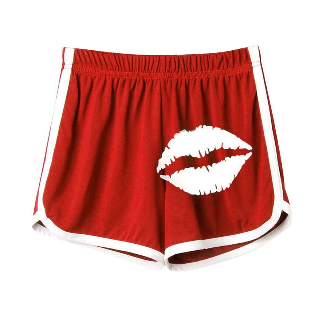 Summer new women's lips print contrast color edging slim sports casual yoga shorts