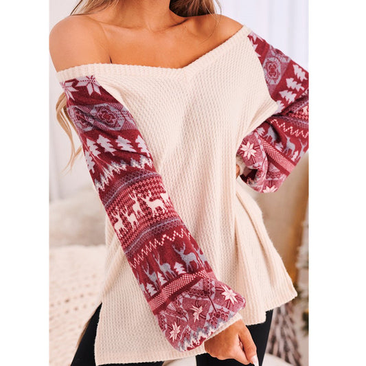 Winter Christmas New Ladies V-neck Side Slit Knitted Christmas Print Lantern Sleeve Sweater