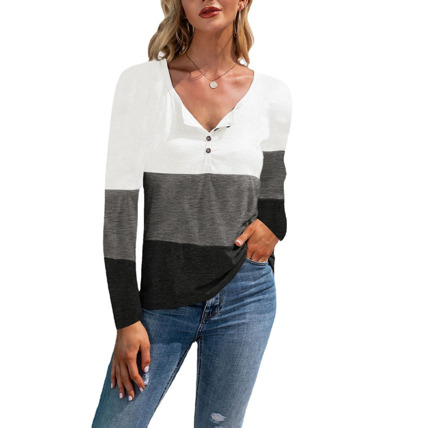 Autumn and winter new style women's hot sale V-neck long-sleeved slim stitching button T-shirt top