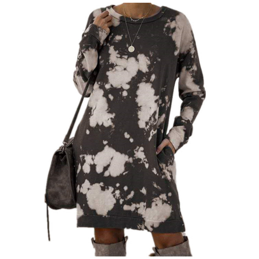 Summer New Style Women's Tie-dye Printing Gradient Long-sleeved Round Neck Dress