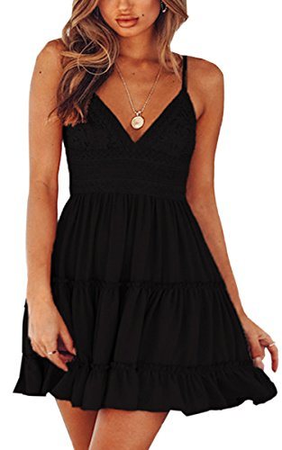 Womens V-Neck Spaghetti Strap Bowknot Backless Sleeveless Lace Mini Swing Skater Dress