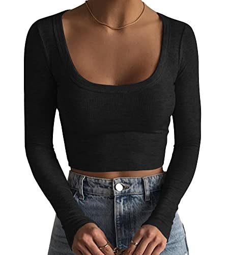 Women's Square Neck Long Sleeve Ribbed Slim Fitted Casual Basic Crop Top