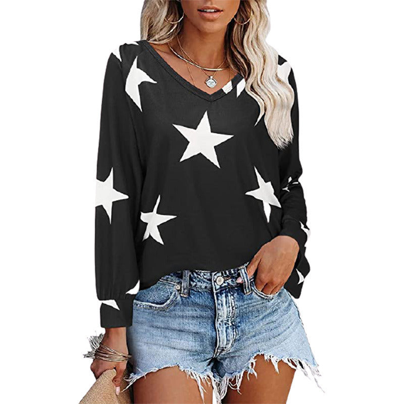 202 autumn and winter new women's tops fashion star printing V-neck long-sleeved t-shirt