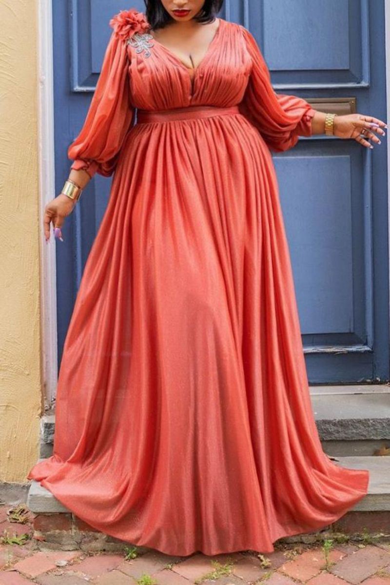 Spring Summer Plus Size Satin Slit Evening Dress Women Sexy V Neck Trailing Skirt Flower Lantern Sleeve Folds Wedding Bridesmaid