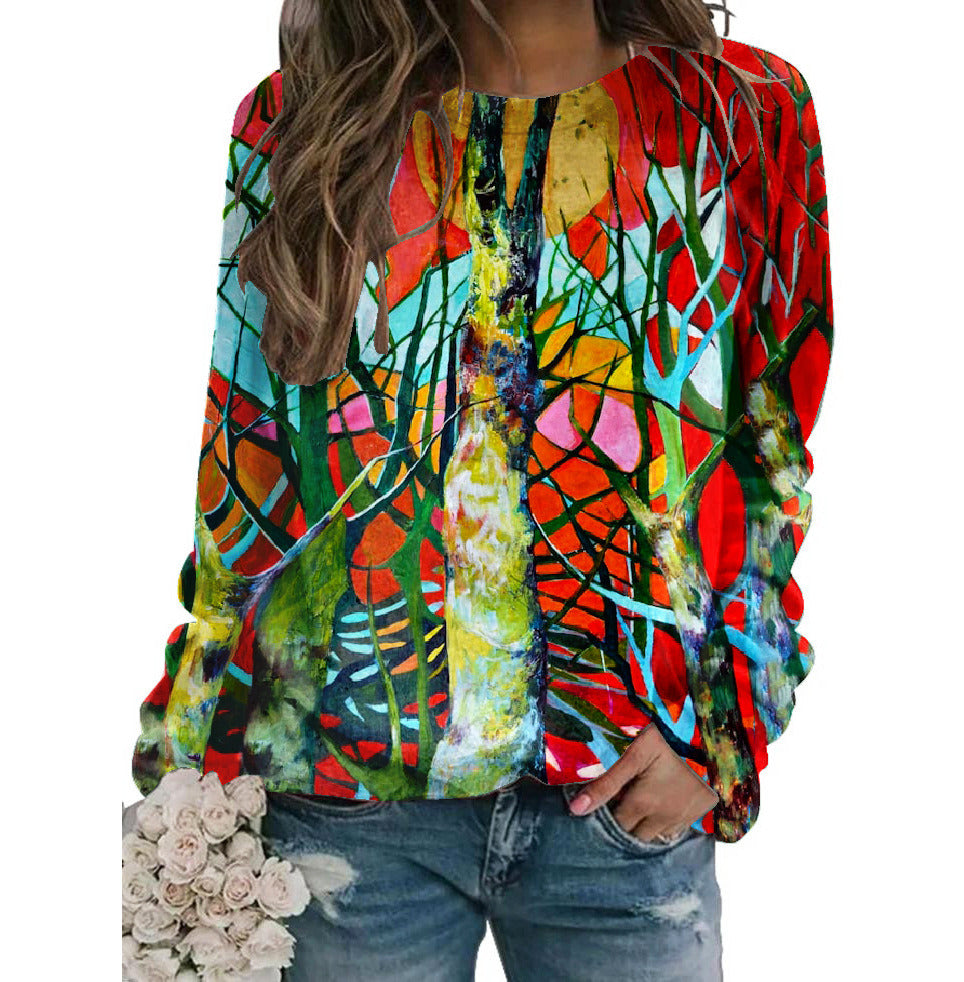 Women's Fall Winter New Hoodie Printed Round Neck Long Sleeve Loose Sweater