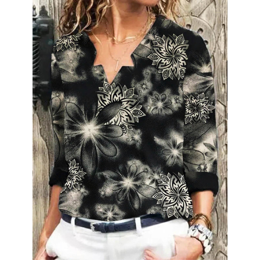 Autumn Women's V-neck Casual Fashion Printed Long Sleeve Blouse