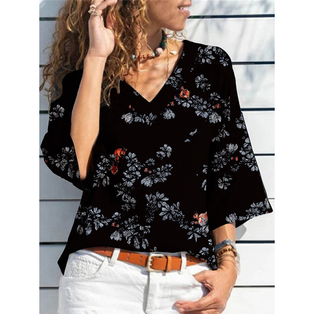 Fall Women's Seven-point Sleeve V-neck Printed Casual Loose T-shirt