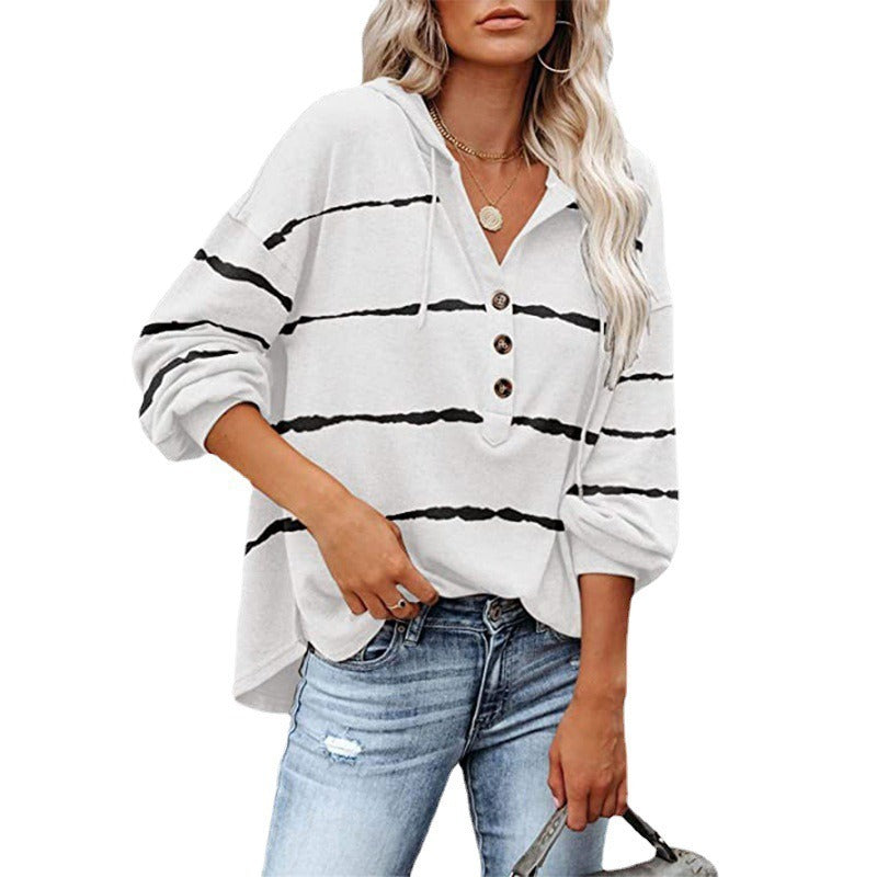 Fall/Winter Women's New Tops Loose V-neck Long Sleeve Striped Sweater Buttoned Hoodie