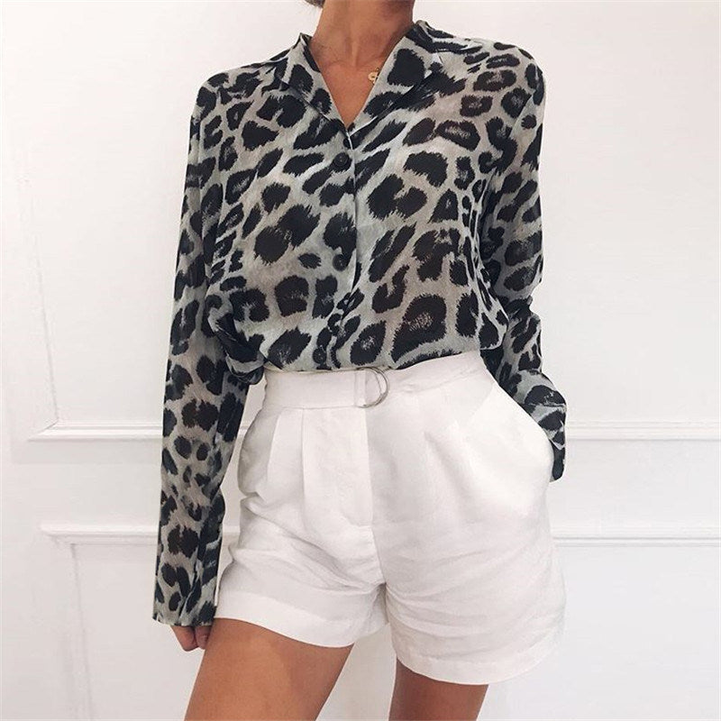 Europe and the United States spring and autumn new women's leopard print V-neck long-sleeved chiffon shirt women