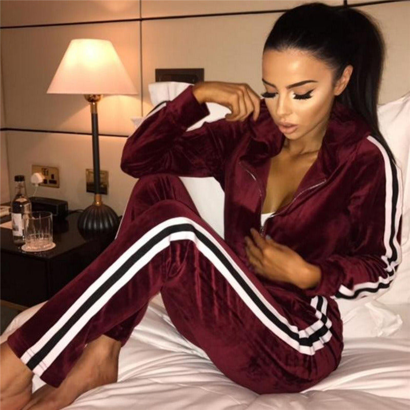 Autumn Winter Women Velvet Tracksuit Long Sleeve Zipper Hooded Tops+Pants Sport Suits Sportswear Two Pieces Set