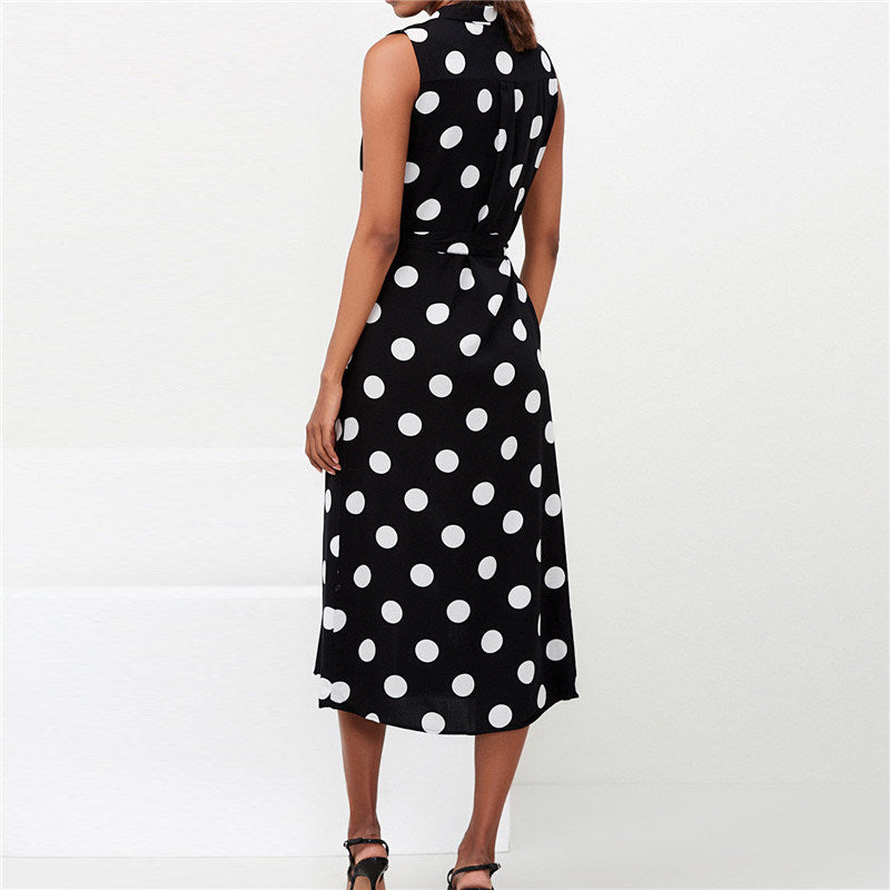 New Dress Sleeveless Polka Dot High Waist Lace-up Women's Chiffon Dress