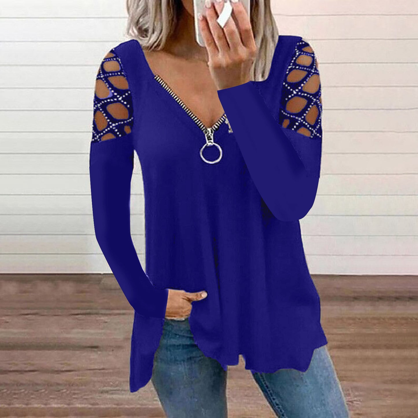 Fall/Winter New Fashion Women's V-neck Solid Color Hollow Sleeve Hot Rhinestone Casual Top Women's T-shirt