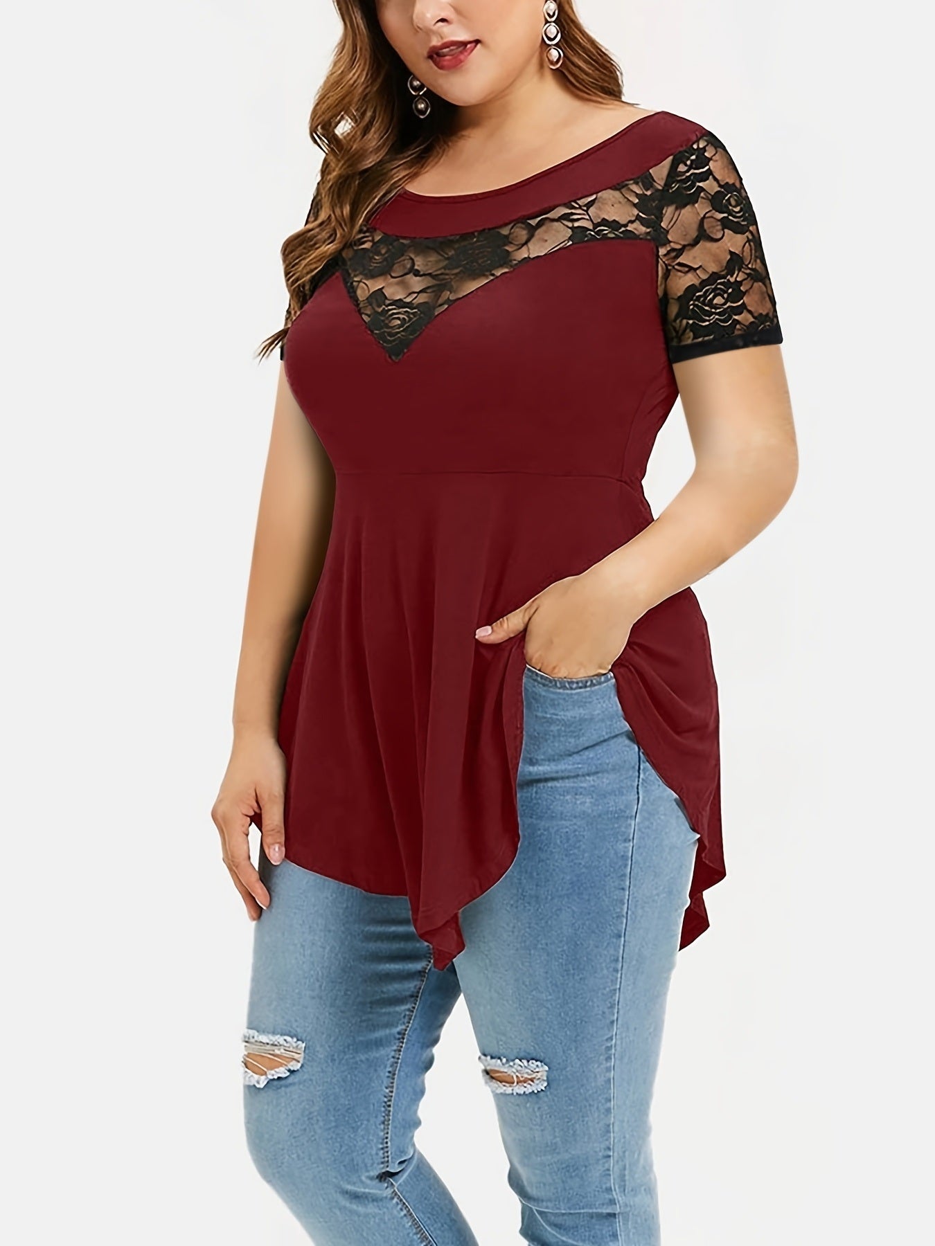 Plus Size Contrast Lace Colorblock Round Neck T-shirt; Women's Plus Irregular Hem Elegant Blouse