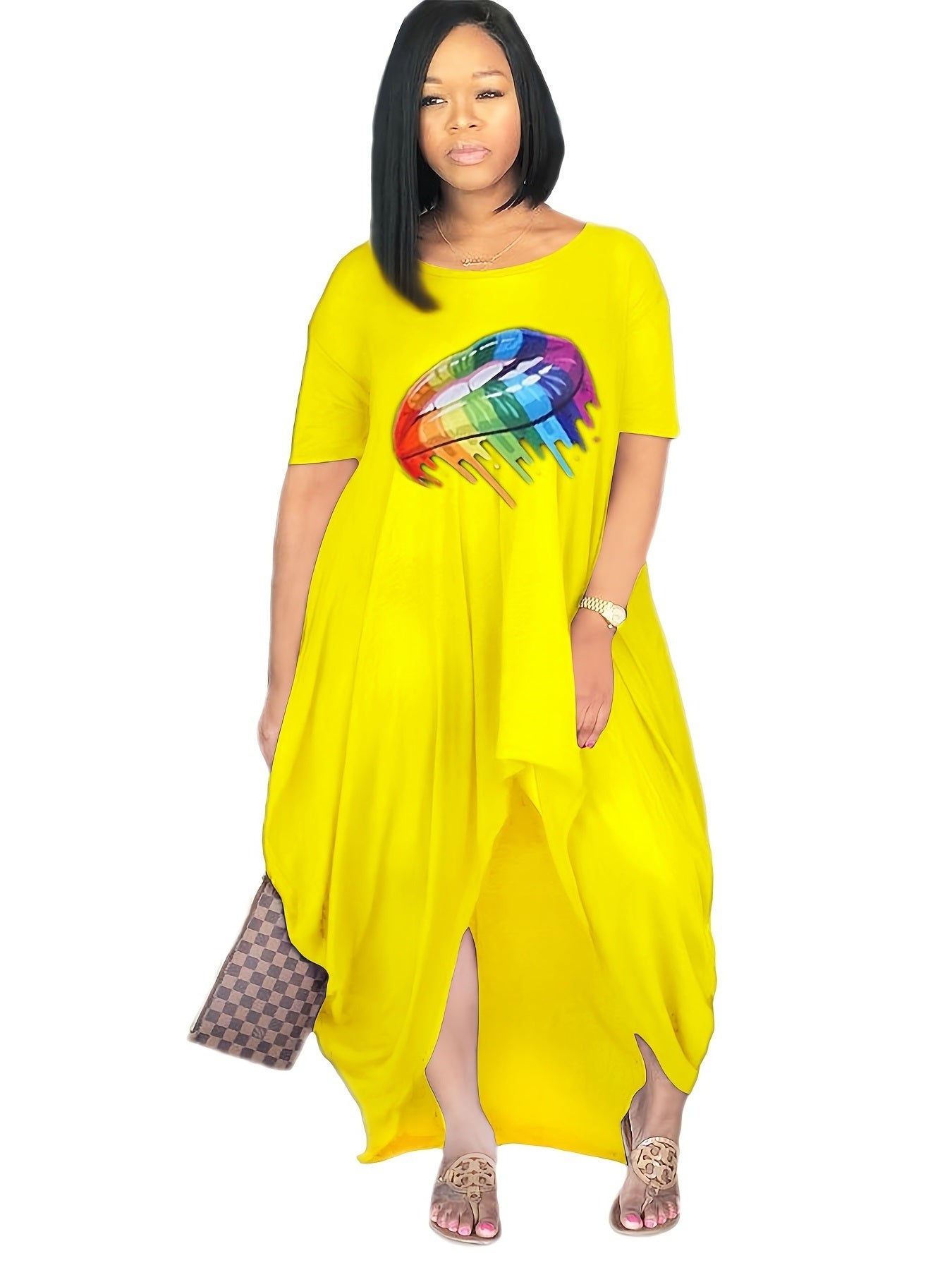 Plus Size Rainbow Color Lip Print Irregular Hem Dress; Women's Plus Casual Short Sleeve Dress