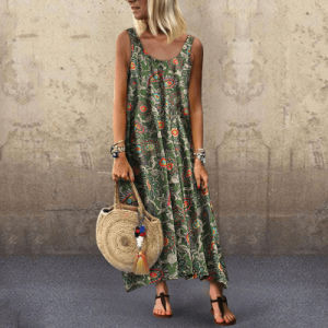 Summer Women's Casual Vacation Print Sexy Round Neck Sleeveless Dress Long Dress