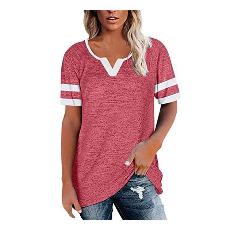 summer new women's T-shirt stitching V-neck casual T-shirt short-sleeved loose top