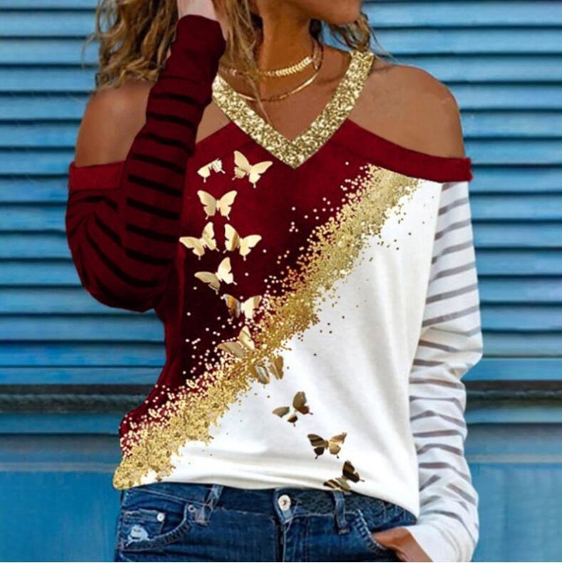 autumn new women's long-sleeved T-shirt fashion printing long-sleeved off-shoulder V-neck top