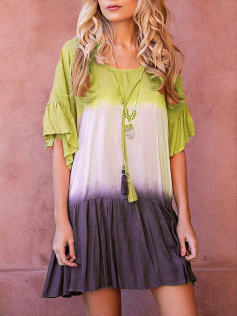 women's new gradient color trumpet sleeves long short-sleeved dress