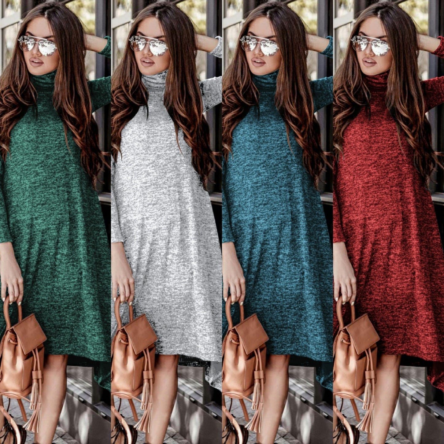 New Autumn Hot Women's High Collar Long Sleeve Solid Color Dress