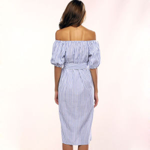 Embroidered Vertical Striped Dress with Five-point Sleeves and A Long Collar with A Belt