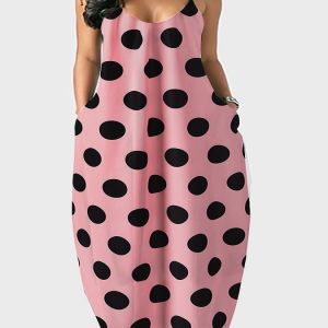 Plus Size Casual Dress; Women's Plus Dot Print V Neck Cami Maxi Dress With Pockets