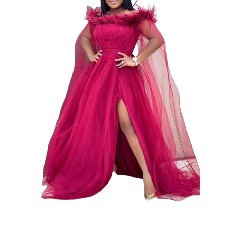 Spring Summer Plus Size Slit Evening Dress Women Loose Unique Feather Collar Tulle Sleeves Trailing Skirt Wedding Bridesmaid Red