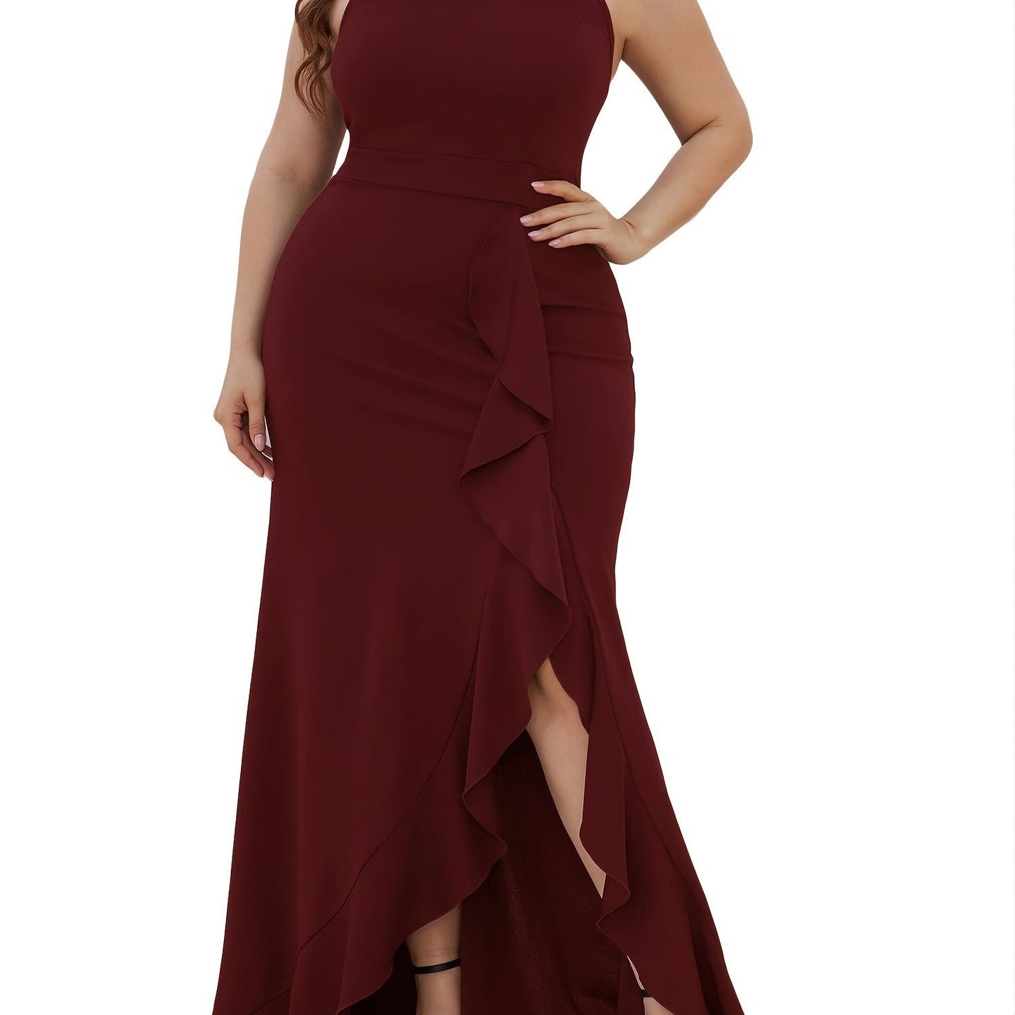 Plus Size Solid Ruffle Trim Split Hem Halter Neck Dress; Women's Plus Party; Events Elegant Maxi Prom Dress