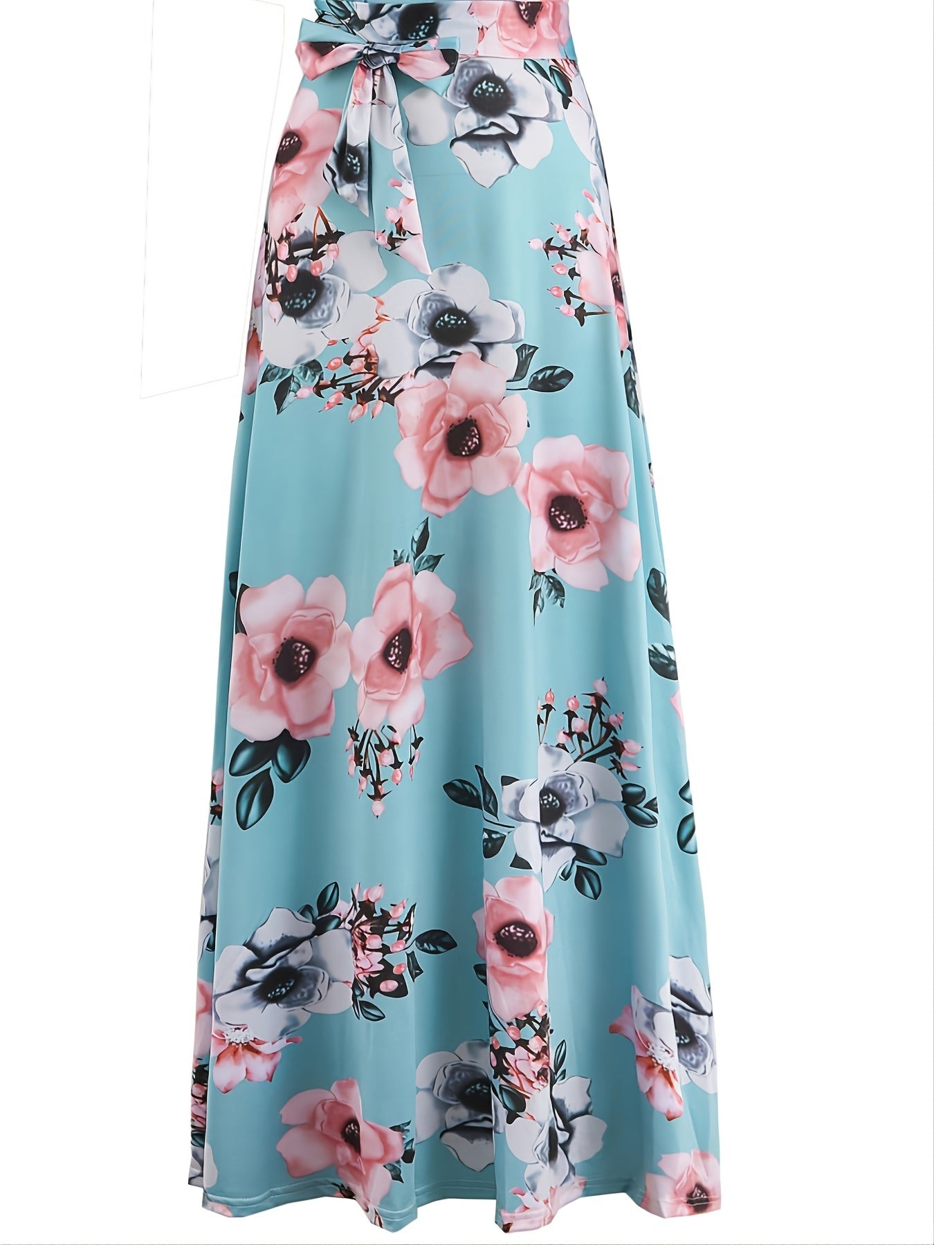 Plus Size Floral Print Slim Fit Maxi Dress; Women's Plus Round Neck Fit And Flared Long Dress