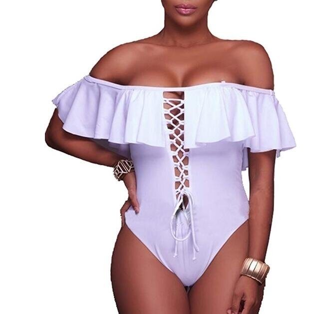 Women One Piece Bikini Lace up Ruffled Off Shoulder Flounce Monokini Bathing Suits