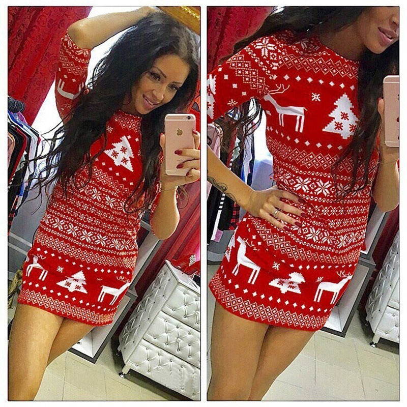 New Christmas Women Long Sleeve Crew Neck Print Dress