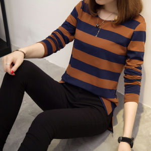 Spring and Autumn Wear Loose Korean Version of The Thick Stripe Super Thin Hooded Base T-shirt Female Large Size Long-sleeved Shirt