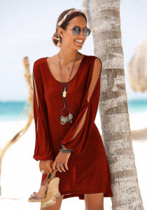 New women's dress deep V-neck loose shoulder long sleeve casual beach dress